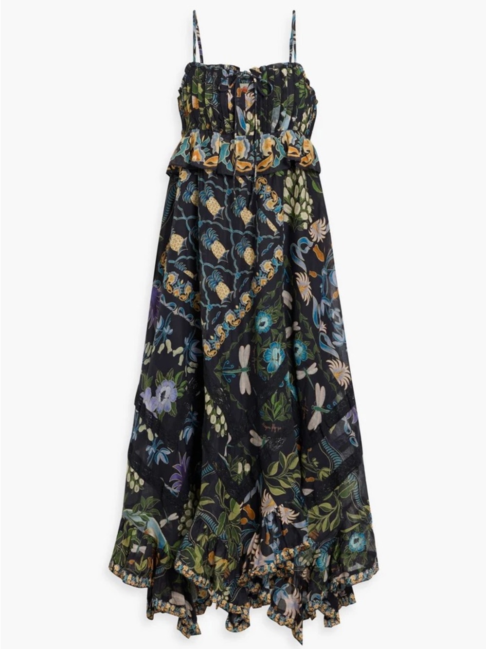 Farm Rio Winter Garden Black Pleated Lace Sleeveless Midi Dress
